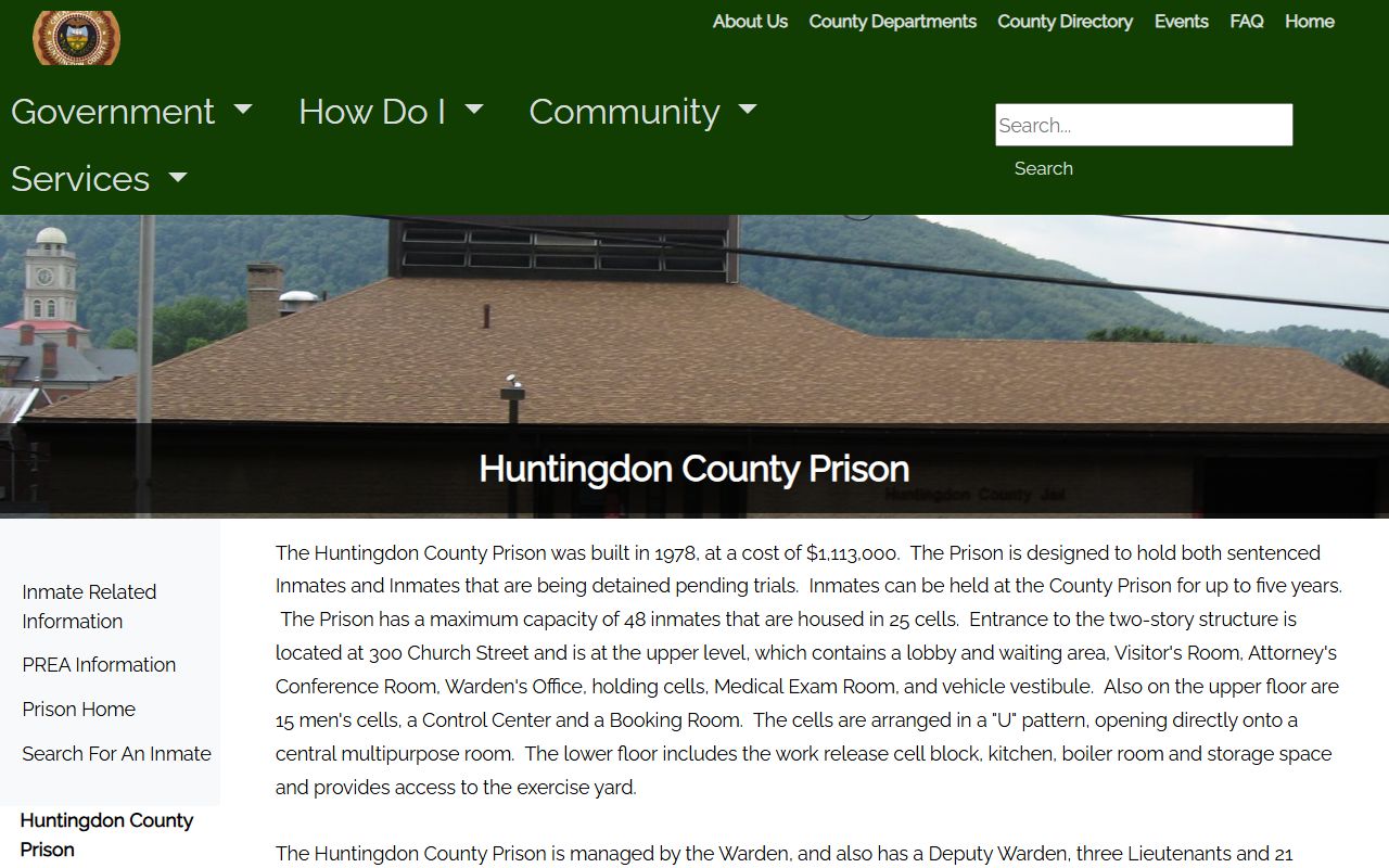 Huntingdon County Prison official page for inmate population and facility capacity