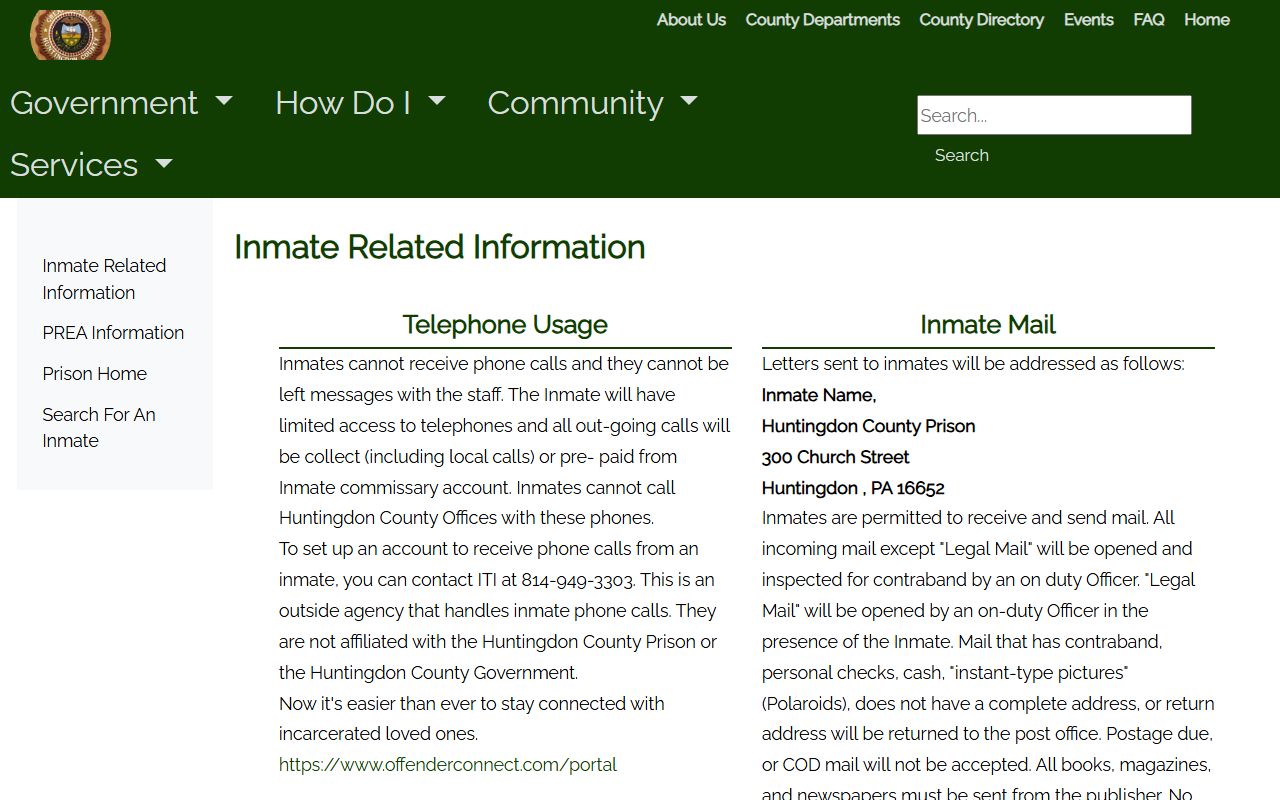 Huntingdon County inmate records information page with visitation mail money and phone rules