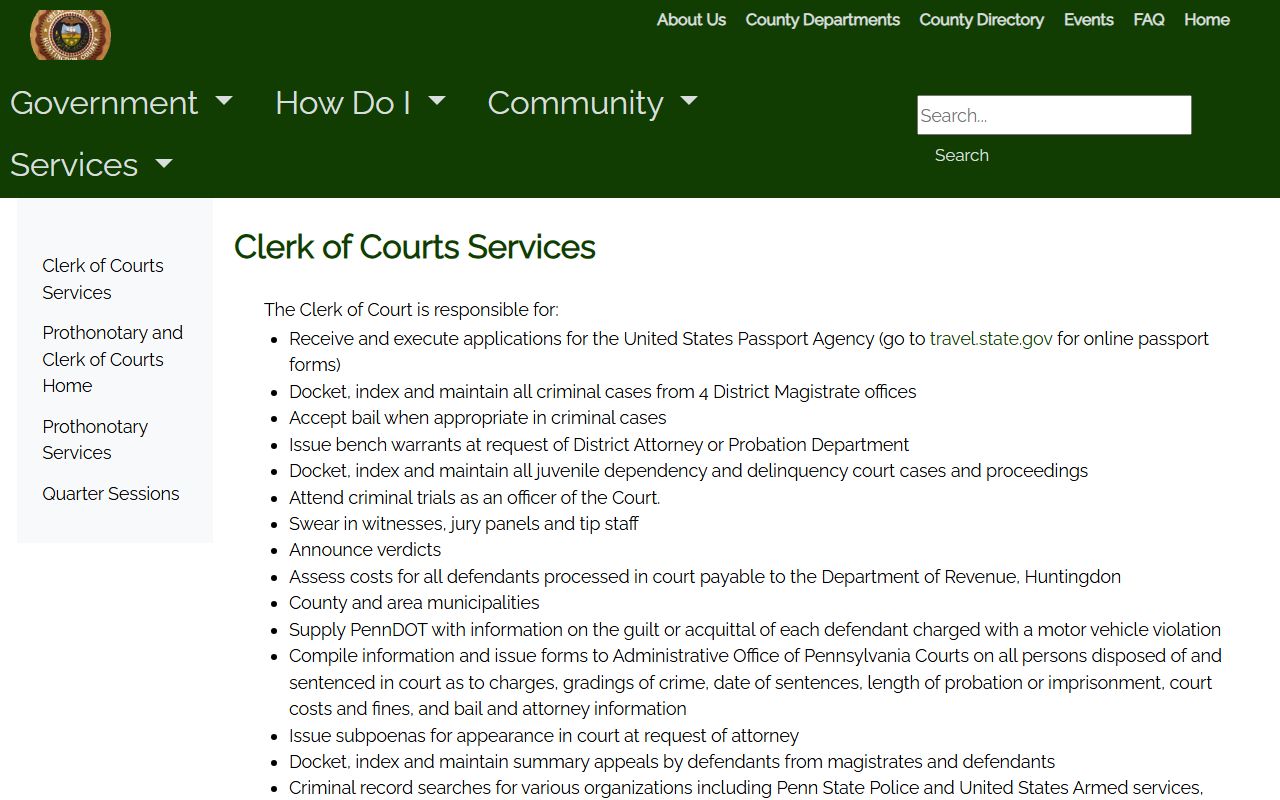 Huntingdon County Clerk of Courts criminal docket bail and bench warrant services
