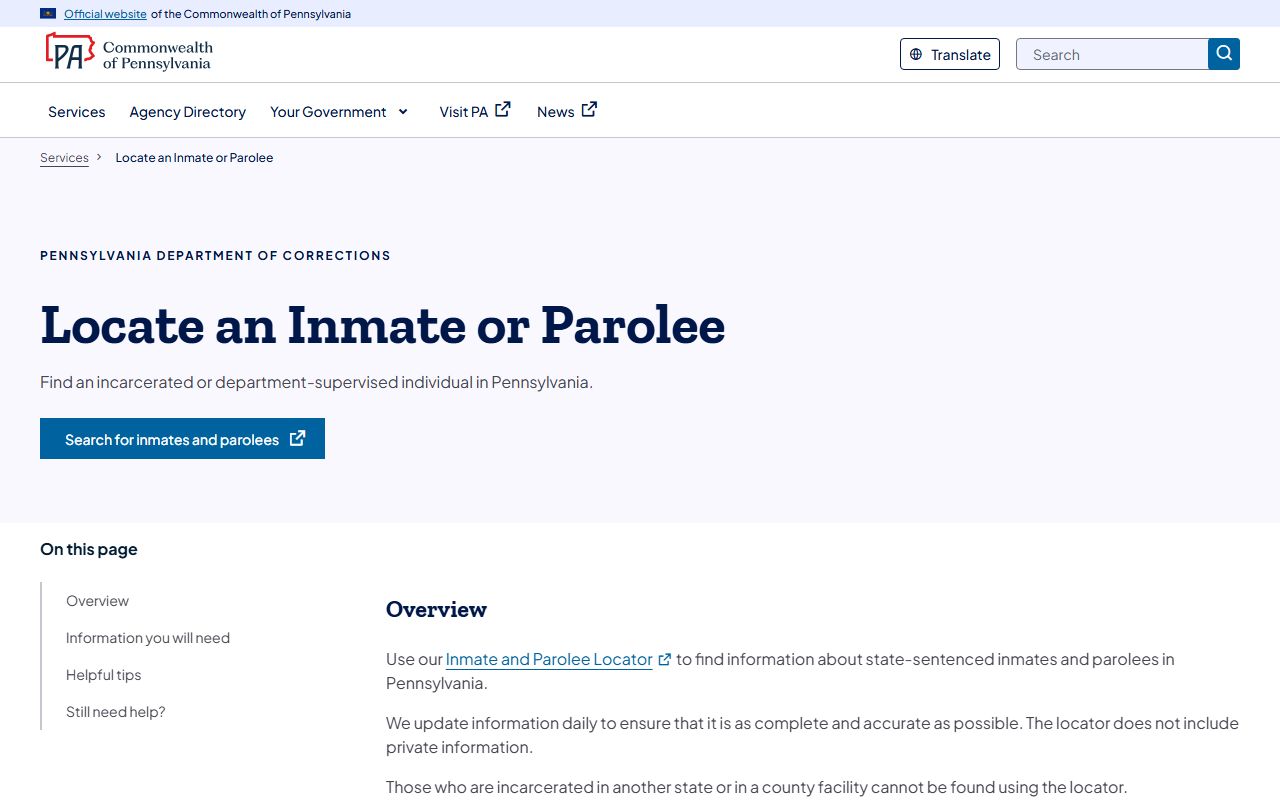 PA DOC locate service for Huntingdon County state inmate lookup limits