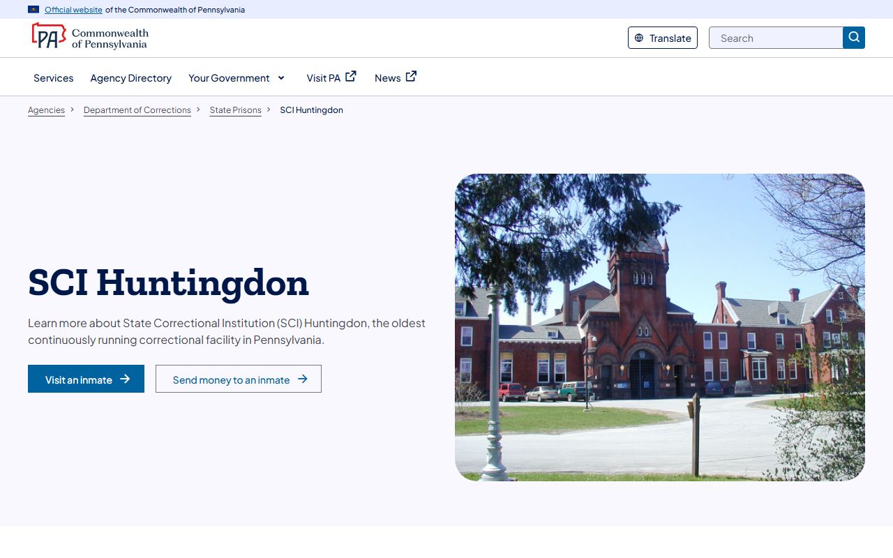 Official PA DOC SCI Huntingdon facility page with state prison address, programs, and history